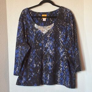 Ruby Rd. Woman 3X Navy Gray Sequin Scoop Neck Animal Print Top